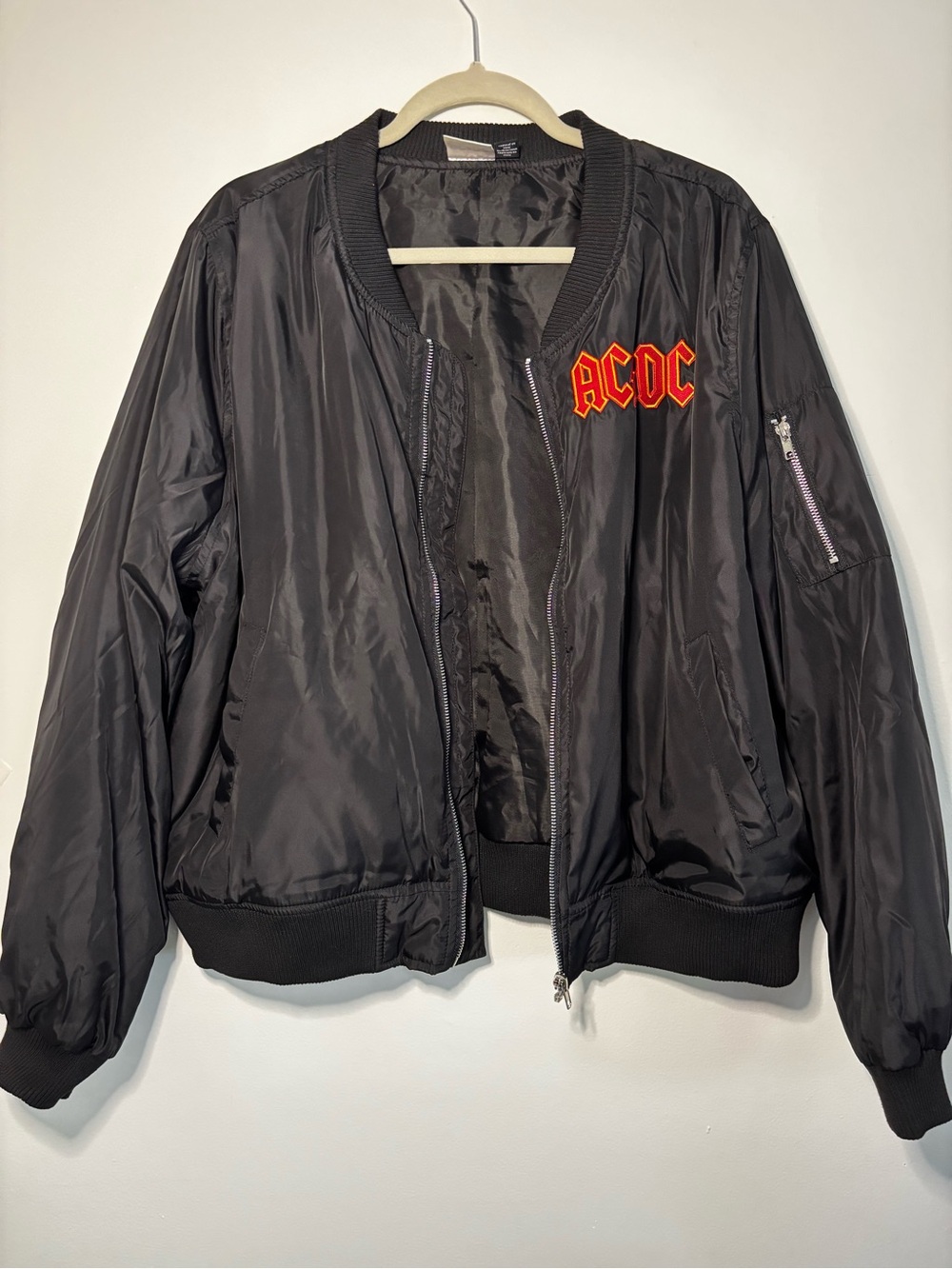 AC/DC Black Puffer Bomber Jacket with Red Embroidered Logo